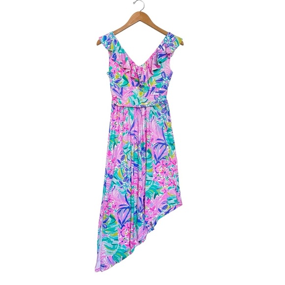 Lilly Pulitzer Womens Asymmetrical Dress Xs Pink Ruffles Casual Resort Vacation - Picture 3 of 11